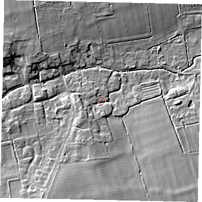 Shaded relief map of the ground around LN22UU, computed from Environment Agency LiDAR. The ground here sits at about 12 m above sea level and falls 9 m across the surrounding 800 m. Surface water reaching this point runs off ground lying to the south-west, 3.7 m higher.