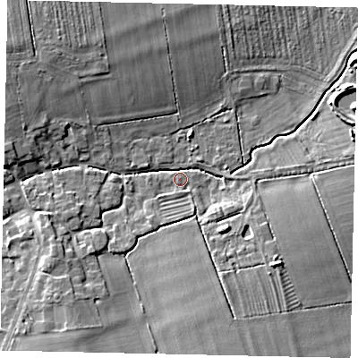 Shaded relief map of the ground around LN22UW, computed from Environment Agency LiDAR. The ground here sits at about 11 m above sea level and falls 7 m across the surrounding 800 m. Surface water reaching this point runs off ground lying to the north-west, 6.3 m higher.