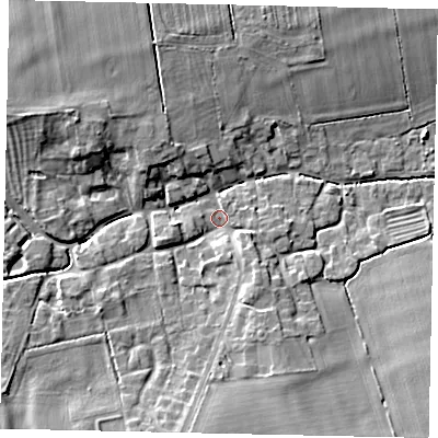 Shaded relief map of the ground around LN22UY, computed from Environment Agency LiDAR. The ground here sits at about 12 m above sea level and falls 9 m across the surrounding 800 m. Surface water reaching this point runs off ground lying to the south-west, 5.6 m higher.