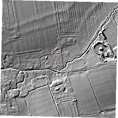 Shaded relief map of the ground around LN22WL, computed from Environment Agency LiDAR. The ground here sits at about 11 m above sea level and falls 8 m across the surrounding 800 m. The ground contributing surface water to this point lies to the south-south-west.