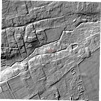 Shaded relief map of the ground around LN23JF, computed from Environment Agency LiDAR. The ground here sits at about 20 m above sea level and falls 11 m across the surrounding 800 m. Surface water reaching this point runs off ground lying to the south-south-west, 3.4 m higher.