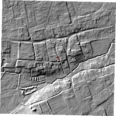 Shaded relief map of the ground around LN23JG, computed from Environment Agency LiDAR. The ground here sits at about 23 m above sea level and falls 11 m across the surrounding 800 m. Surface water reaching this point runs off ground lying to the north-west, 1.7 m higher.
