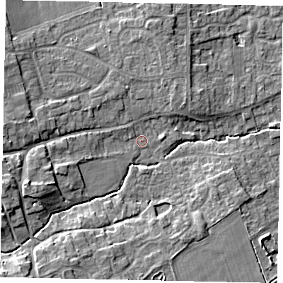 Shaded relief map of the ground around LN23LX, computed from Environment Agency LiDAR. The ground here sits at about 18 m above sea level and falls 9 m across the surrounding 800 m. Surface water reaching this point runs off ground lying to the west-south-west, 6.6 m higher.