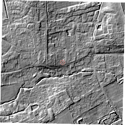 Shaded relief map of the ground around LN23LZ, computed from Environment Agency LiDAR. The ground here sits at about 18 m above sea level and falls 8 m across the surrounding 800 m. Surface water reaching this point runs off ground lying to the west-north-west, 2.6 m higher.