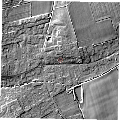 Shaded relief map of the ground around LN23NA, computed from Environment Agency LiDAR. The ground here sits at about 16 m above sea level and falls 7 m across the surrounding 800 m. Surface water reaching this point runs off ground lying to the north-north-east, 2.6 m higher.