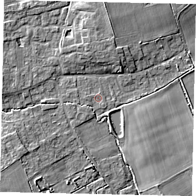 Shaded relief map of the ground around LN23NB, computed from Environment Agency LiDAR. The ground here sits at about 15 m above sea level and falls 9 m across the surrounding 800 m. Surface water reaching this point runs off ground lying to the west, 0.7 m higher.