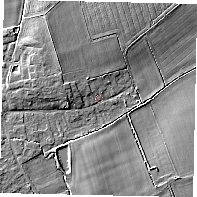Shaded relief map of the ground around LN23ND, computed from Environment Agency LiDAR. The ground here sits at about 15 m above sea level and falls 7 m across the surrounding 800 m. Surface water reaching this point runs off ground lying to the west-north-west, 3.8 m higher.