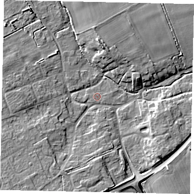 Shaded relief map of the ground around LN23NH, computed from Environment Agency LiDAR. The ground here sits at about 14 m above sea level and falls 9 m across the surrounding 800 m. Surface water reaching this point runs off ground lying to the west-south-west, 0.5 m higher.