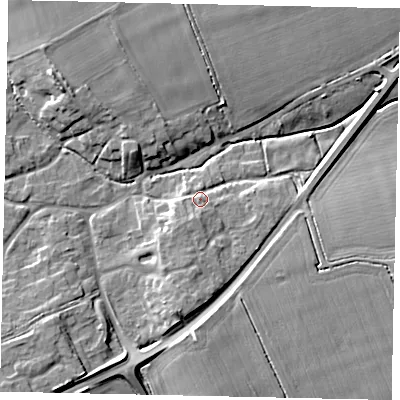 Shaded relief map of the ground around LN23NN, computed from Environment Agency LiDAR. The ground here sits at about 15 m above sea level and falls 10 m across the surrounding 800 m. Surface water reaching this point runs off ground lying to the south-west, 3.2 m higher.