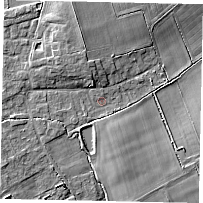 Shaded relief map of the ground around LN23NP, computed from Environment Agency LiDAR. The ground here sits at about 15 m above sea level and falls 9 m across the surrounding 800 m. Surface water reaching this point runs off ground lying to the south-west, 5.3 m higher.