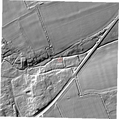 Shaded relief map of the ground around LN23NX, computed from Environment Agency LiDAR. The ground here sits at about 12 m above sea level and falls 10 m across the surrounding 800 m. Surface water reaching this point runs off ground lying to the south-south-west, 7.7 m higher.