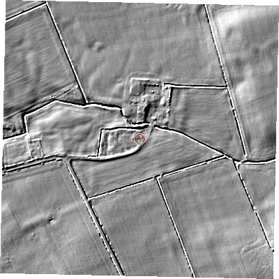Shaded relief map of the ground around LN23PE, computed from Environment Agency LiDAR. The ground here sits at about 19 m above sea level and falls 10 m across the surrounding 800 m. Surface water reaching this point runs off ground lying to the south-west, 1.5 m higher.