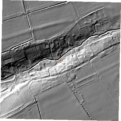 Shaded relief map of the ground around LN23PH, computed from Environment Agency LiDAR. The ground here sits at about 24 m above sea level and falls 18 m across the surrounding 800 m. Surface water reaching this point runs off ground lying to the south-west, 14.5 m higher.