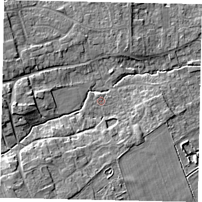 Shaded relief map of the ground around LN23QG, computed from Environment Agency LiDAR. The ground here sits at about 18 m above sea level and falls 9 m across the surrounding 800 m. Surface water reaching this point runs off ground lying to the south-west, 5.5 m higher.