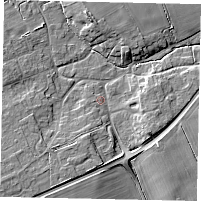 Shaded relief map of the ground around LN23QP, computed from Environment Agency LiDAR. The ground here sits at about 14 m above sea level and falls 9 m across the surrounding 800 m. Surface water reaching this point runs off ground lying to the south-south-west, 7.4 m higher.
