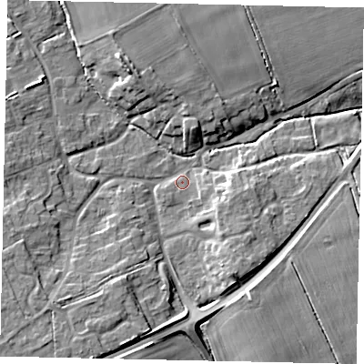 Shaded relief map of the ground around LN23QR, computed from Environment Agency LiDAR. The ground here sits at about 14 m above sea level and falls 9 m across the surrounding 800 m. Surface water reaching this point runs off ground lying to the south-west, 7.0 m higher.