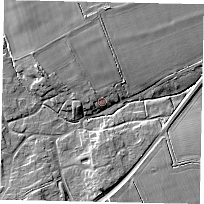Shaded relief map of the ground around LN23QS, computed from Environment Agency LiDAR. The ground here sits at about 15 m above sea level and falls 9 m across the surrounding 800 m. Surface water reaching this point runs off ground lying to the north-west, 2.5 m higher.