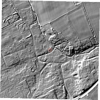 Shaded relief map of the ground around LN23QW, computed from Environment Agency LiDAR. The ground here sits at about 14 m above sea level and falls 8 m across the surrounding 800 m. Surface water reaching this point runs off ground lying to the west, 6.2 m higher.