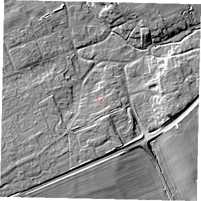 Shaded relief map of the ground around LN23QX, computed from Environment Agency LiDAR. The ground here sits at about 16 m above sea level and falls 9 m across the surrounding 800 m. Surface water reaching this point runs off ground lying to the south, 1.3 m higher.