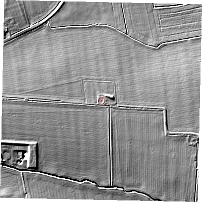 Shaded relief map of the ground around LN23QZ, computed from Environment Agency LiDAR. The ground here sits at about 12 m above sea level and falls 7 m across the surrounding 800 m. Surface water reaching this point runs off ground lying to the west, 1.4 m higher.