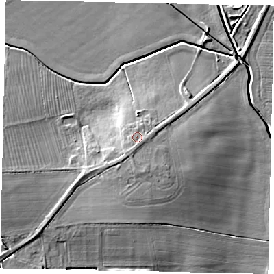 Shaded relief map of the ground around LN23RD, computed from Environment Agency LiDAR. The ground here sits at about 14 m above sea level and falls 8 m across the surrounding 800 m. Surface water reaching this point runs off ground lying to the south, 1.2 m higher.