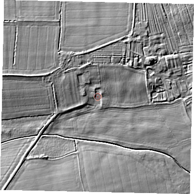 Shaded relief map of the ground around LN23RE, computed from Environment Agency LiDAR. The ground here sits at about 11 m above sea level and falls 5 m across the surrounding 800 m. Surface water reaching this point runs off ground lying to the north-north-west, 2.8 m higher.