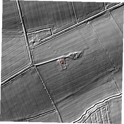 Shaded relief map of the ground around LN23RH, computed from Environment Agency LiDAR. The ground here sits at about 13 m above sea level and falls 6 m across the surrounding 800 m. Surface water reaching this point runs off ground lying to the west-north-west, 0.9 m higher.