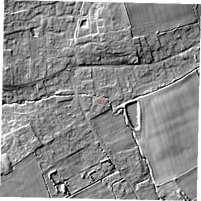 Shaded relief map of the ground around LN23RP, computed from Environment Agency LiDAR. The ground here sits at about 16 m above sea level and falls 8 m across the surrounding 800 m. The ground contributing surface water to this point lies to the south.