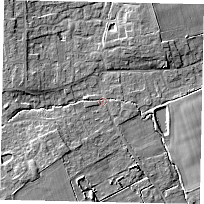 Shaded relief map of the ground around LN23RS, computed from Environment Agency LiDAR. The ground here sits at about 16 m above sea level and falls 8 m across the surrounding 800 m. Surface water reaching this point runs off ground lying to the south-west, 5.0 m higher.