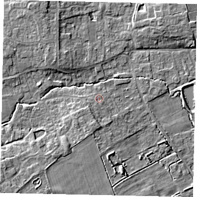 Shaded relief map of the ground around LN23RT, computed from Environment Agency LiDAR. The ground here sits at about 18 m above sea level and falls 8 m across the surrounding 800 m. Surface water reaching this point runs off ground lying to the south-south-west, 3.0 m higher.
