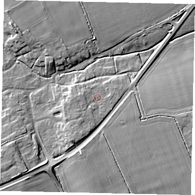 Shaded relief map of the ground around LN23UP, computed from Environment Agency LiDAR. The ground here sits at about 15 m above sea level and falls 10 m across the surrounding 800 m. Surface water reaching this point runs off ground lying to the south-west, 2.5 m higher.