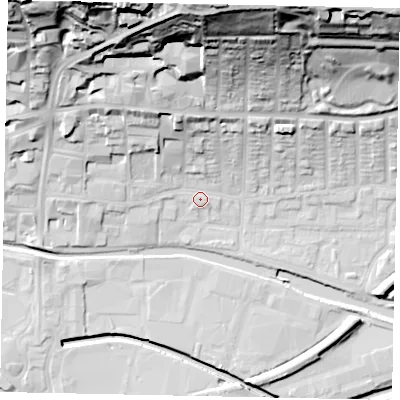 Shaded relief map of the ground around LN25AX, computed from Environment Agency LiDAR. The ground here sits at about 7 m above sea level and falls 49 m across the surrounding 800 m. Surface water reaching this point runs off ground lying to the north, 41.0 m higher.