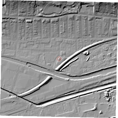 Shaded relief map of the ground around LN25BF, computed from Environment Agency LiDAR. The ground here sits at about 5 m above sea level and falls 31 m across the surrounding 800 m. Surface water reaching this point runs off ground lying to the north-east, 28.6 m higher.