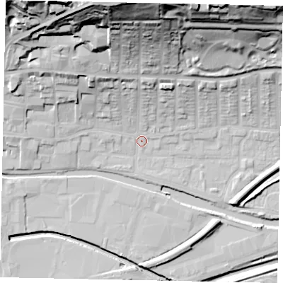 Shaded relief map of the ground around LN25BP, computed from Environment Agency LiDAR. The ground here sits at about 5 m above sea level and falls 47 m across the surrounding 800 m. Surface water reaching this point runs off ground lying to the north, 43.1 m higher.
