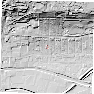 Shaded relief map of the ground around LN25BQ, computed from Environment Agency LiDAR. The ground here sits at about 9 m above sea level and falls 58 m across the surrounding 800 m. Surface water reaching this point runs off ground lying to the north, 49.1 m higher.