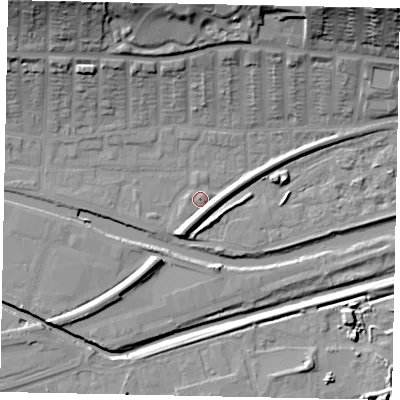 Shaded relief map of the ground around LN25BT, computed from Environment Agency LiDAR. The ground here sits at about 5 m above sea level and falls 30 m across the surrounding 800 m. Surface water reaching this point runs off ground lying to the south-south-west, 5.0 m higher.