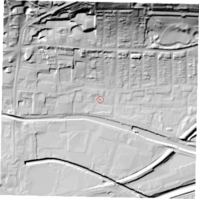 Shaded relief map of the ground around LN25BZ, computed from Environment Agency LiDAR. The ground here sits at about 5 m above sea level and falls 43 m across the surrounding 800 m. Surface water reaching this point runs off ground lying to the west-north-west, 2.1 m higher.