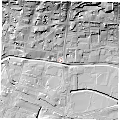 Shaded relief map of the ground around LN25DH, computed from Environment Agency LiDAR. The ground here sits at about 6 m above sea level and falls 31 m across the surrounding 800 m. Surface water reaching this point runs off ground lying to the north, 12.0 m higher.