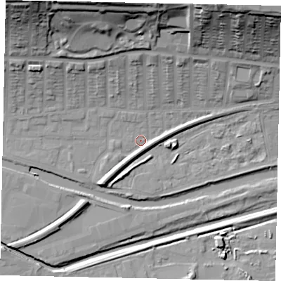 Shaded relief map of the ground around LN25DL, computed from Environment Agency LiDAR. The ground here sits at about 4 m above sea level and falls 40 m across the surrounding 800 m. Surface water reaching this point runs off ground lying to the north-east, 37.2 m higher.