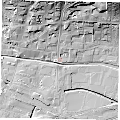 Shaded relief map of the ground around LN25DN, computed from Environment Agency LiDAR. The ground here sits at about 6 m above sea level and falls 30 m across the surrounding 800 m. Surface water reaching this point runs off ground lying to the north-north-east, 24.8 m higher.