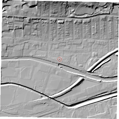 Shaded relief map of the ground around LN25DP, computed from Environment Agency LiDAR. The ground here sits at about 5 m above sea level and falls 25 m across the surrounding 800 m. Surface water reaching this point runs off ground lying to the west, 0.7 m higher.