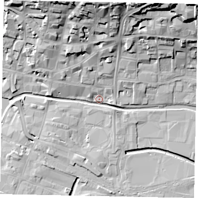Shaded relief map of the ground around LN25DQ, computed from Environment Agency LiDAR. The ground here sits at about 6 m above sea level and falls 31 m across the surrounding 800 m. Surface water reaching this point runs off ground lying to the north, 12.1 m higher.