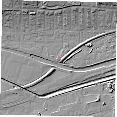Shaded relief map of the ground around LN25DS, computed from Environment Agency LiDAR. The ground here sits at about 4 m above sea level and falls 19 m across the surrounding 800 m. Surface water reaching this point runs off ground lying to the north-east, 16.7 m higher.