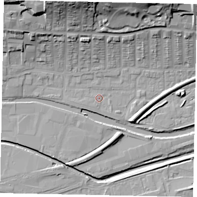 Shaded relief map of the ground around LN25DU, computed from Environment Agency LiDAR. The ground here sits at about 5 m above sea level and falls 28 m across the surrounding 800 m. Surface water reaching this point runs off ground lying to the west, 1.4 m higher.