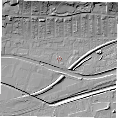 Shaded relief map of the ground around LN25DY, computed from Environment Agency LiDAR. The ground here sits at about 4 m above sea level and falls 25 m across the surrounding 800 m. Surface water reaching this point runs off ground lying to the north-north-west, 21.4 m higher.