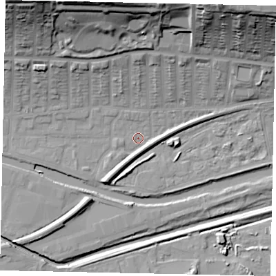 Shaded relief map of the ground around LN25EA, computed from Environment Agency LiDAR. The ground here sits at about 4 m above sea level and falls 40 m across the surrounding 800 m. Surface water reaching this point runs off ground lying to the north-east, 37.3 m higher.