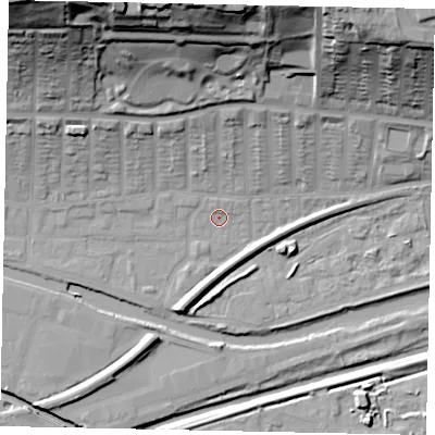Shaded relief map of the ground around LN25EB, computed from Environment Agency LiDAR. The ground here sits at about 5 m above sea level and falls 47 m across the surrounding 800 m. Surface water reaching this point runs off ground lying to the north-north-west, 1.5 m higher.