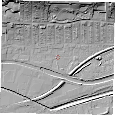 Shaded relief map of the ground around LN25ED, computed from Environment Agency LiDAR. The ground here sits at about 4 m above sea level and falls 35 m across the surrounding 800 m. Surface water reaching this point runs off ground lying to the north-west, 30.9 m higher.