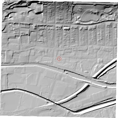 Shaded relief map of the ground around LN25EE, computed from Environment Agency LiDAR. The ground here sits at about 5 m above sea level and falls 34 m across the surrounding 800 m. Surface water reaching this point runs off ground lying to the north-north-west, 30.7 m higher.