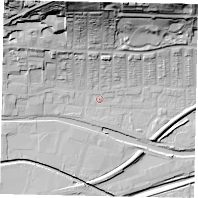 Shaded relief map of the ground around LN25EF, computed from Environment Agency LiDAR. The ground here sits at about 5 m above sea level and falls 45 m across the surrounding 800 m. Surface water reaching this point runs off ground lying to the north, 38.3 m higher.
